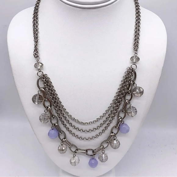 LOFT Lavender and Gray Beaded Draped Silver Necklace - Picture 1 of 3